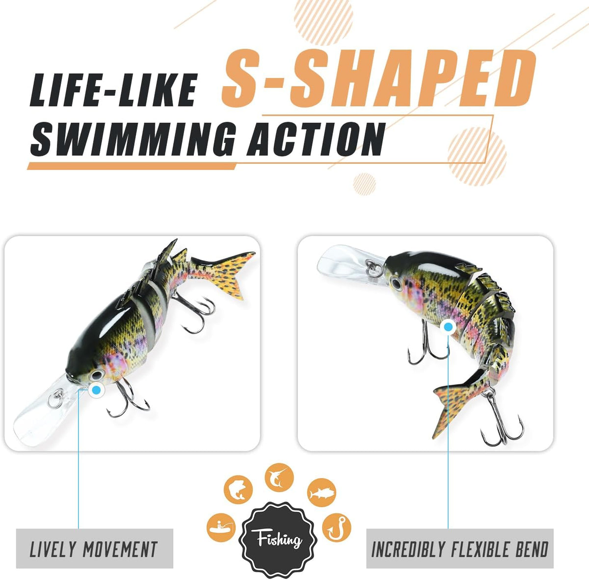 TRUSCEND Swimmax Easy Catch Fishing Lures with BKK Hooks, Wiggling, Vibrating, Rattling and Gurgling for More Bite, Heavy-Duty Dyneema Fiber Jointed Swimbaits for Bass, Trout, Walleye, Crappie, Pike
