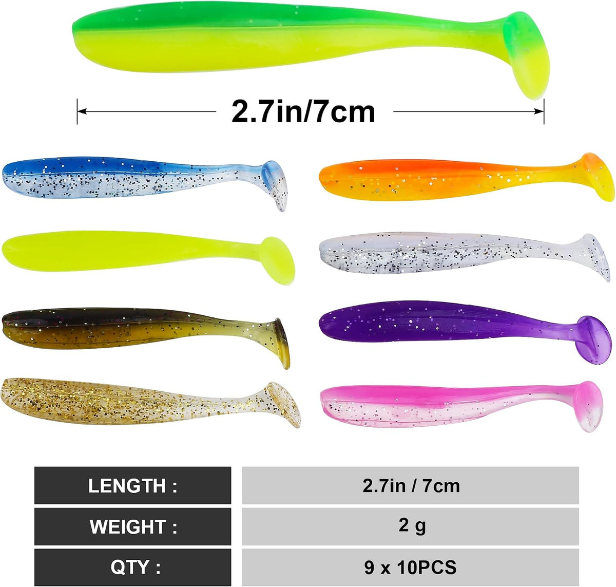 Soft Fishing Lures，90pcs Fishing Soft Plastic Lures and 5pcs Fishhook,Paddle Tail Swimbaits Soft Plastic Lures Kit for Bass Trout Walleye Crappie