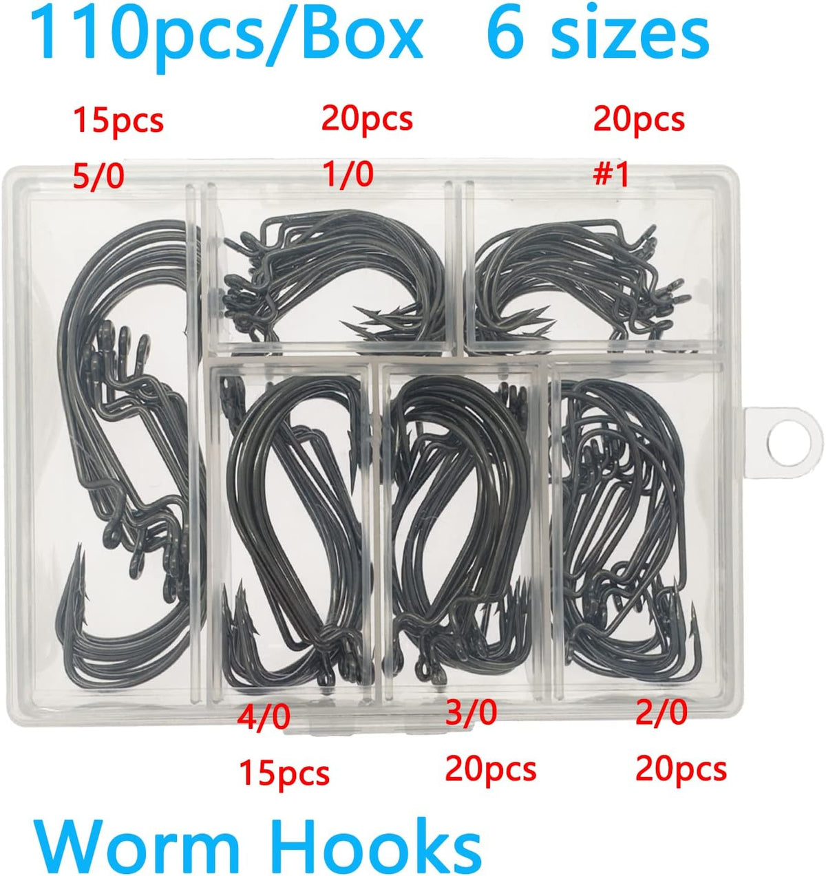 Afmivs Bass Worm Hooks 110-Pack (6 Sizes)