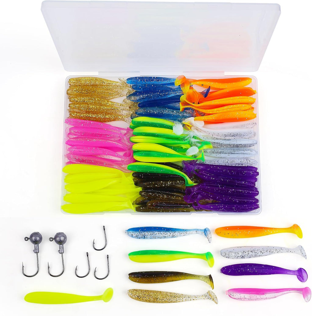 Soft Fishing Lures，90pcs Fishing Soft Plastic Lures and 5pcs Fishhook,Paddle Tail Swimbaits Soft Plastic Lures Kit for Bass Trout Walleye Crappie