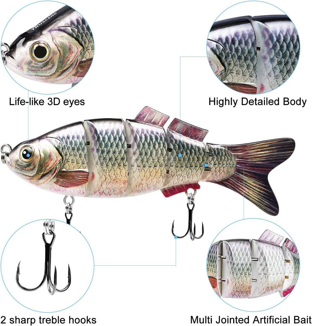 TRUSCEND Swimmax Easy Catch Fishing Lures with BKK Hooks, Wiggling, Vibrating, Rattling and Gurgling for More Bite, Heavy-Duty Dyneema Fiber Jointed Swimbaits for Bass, Trout, Walleye, Crappie, Pike
