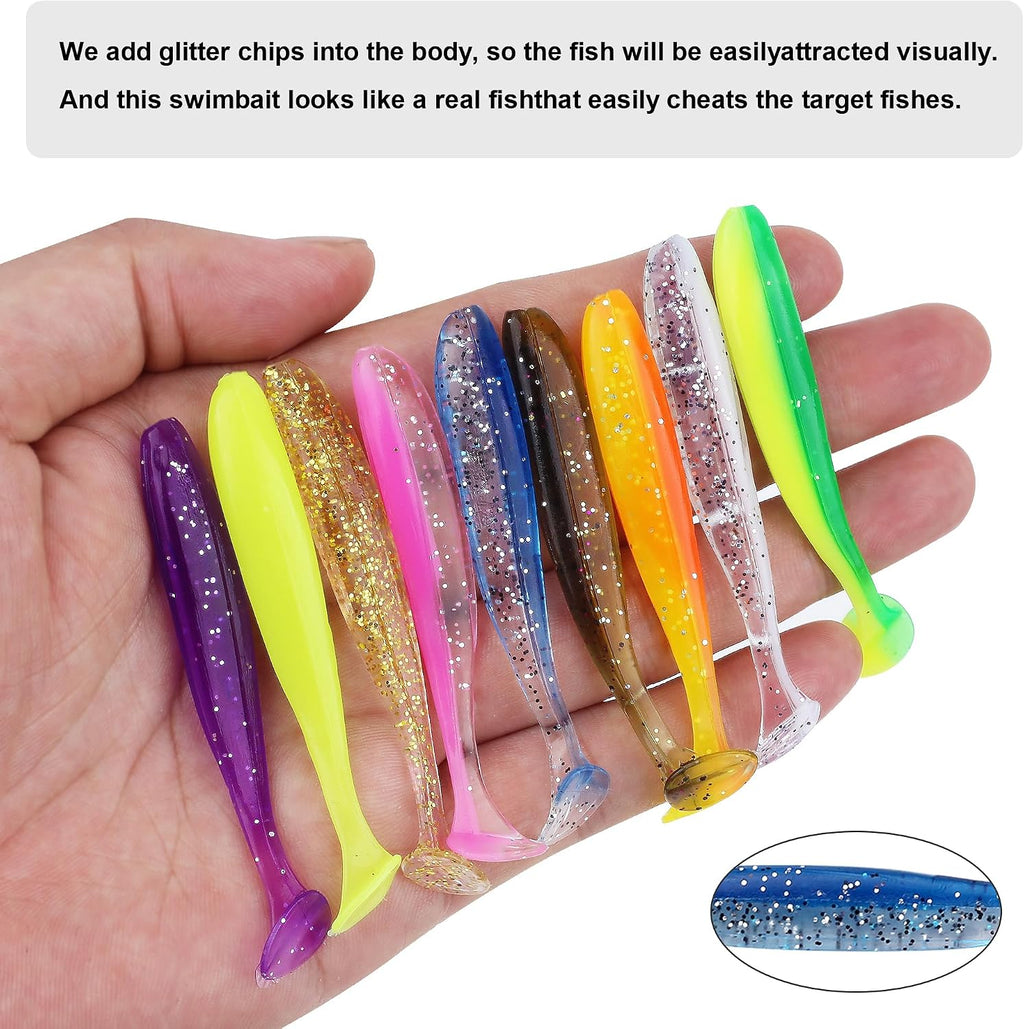 Soft Fishing Lures，90pcs Fishing Soft Plastic Lures and 5pcs Fishhook,Paddle Tail Swimbaits Soft Plastic Lures Kit for Bass Trout Walleye Crappie