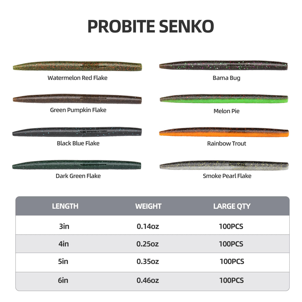 PROBITE Senko Worms 100-Pack | 3/4/5/6" Soft Plastic Bass Lures