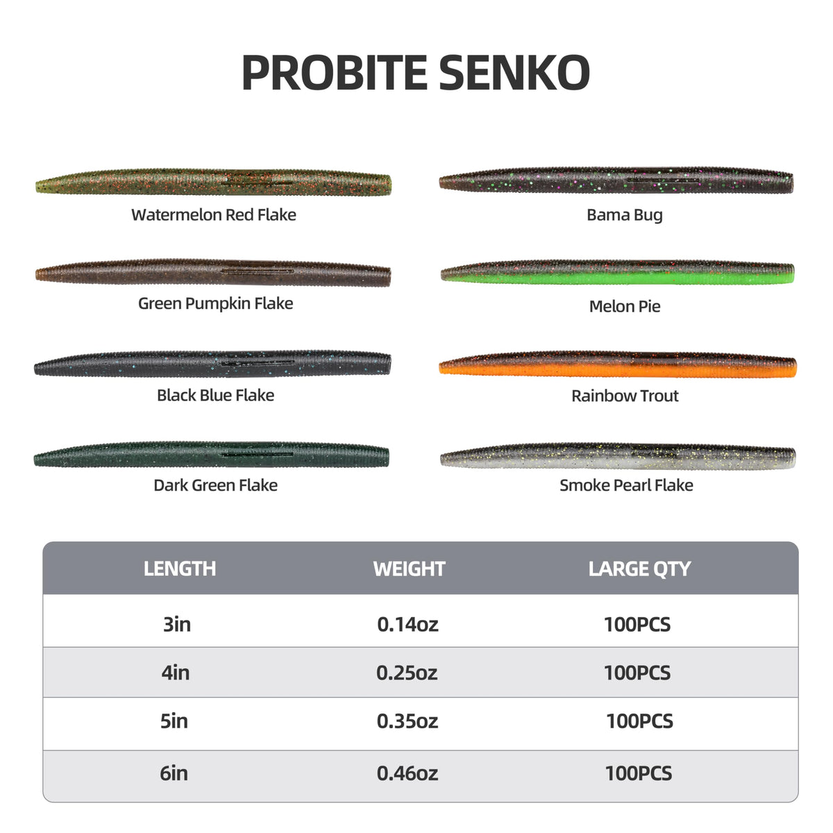 PROBITE Senko Worms 100-Pack | 3/4/5/6" Soft Plastic Bass Lures