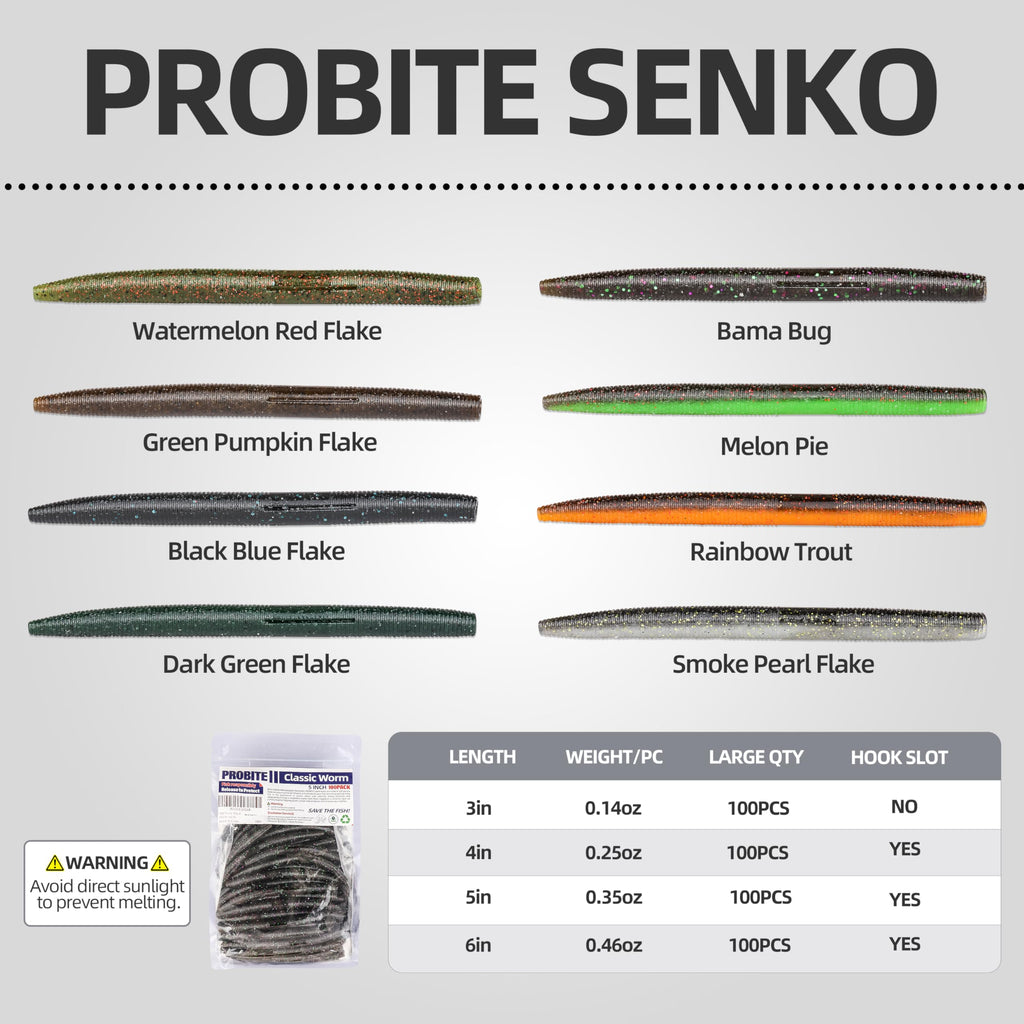 PROBITE Senko Worms 100-Pack | 3/4/5/6" Soft Plastic Bass Lures